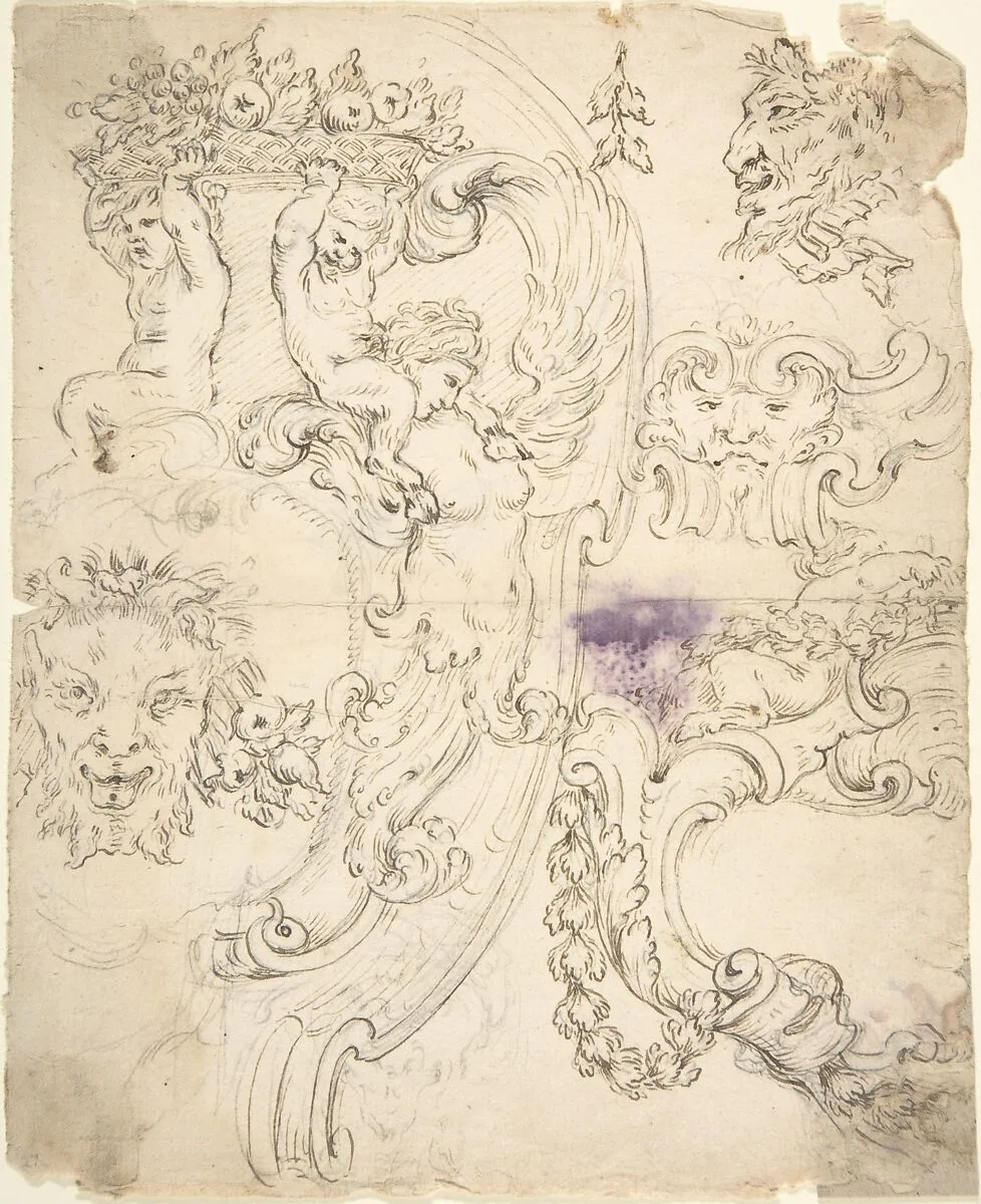 Various Sketches for Cartouches, with Satyr Heads, Putti, etc. — Anonymous, Italian, Piedmontese, 18th century