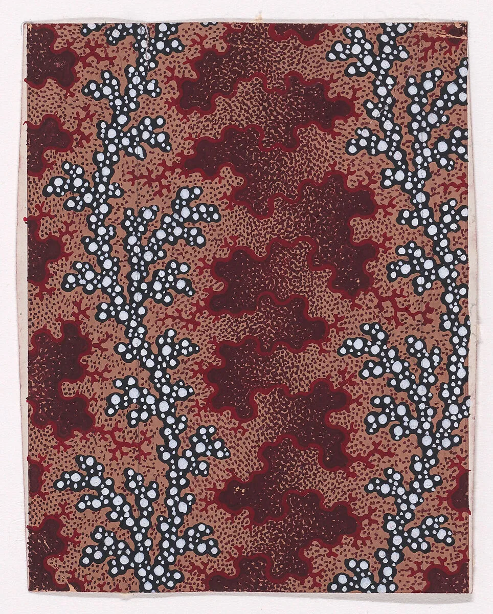 Textile Design with Vertical Undulating Garlands of Pearls Separated by Vertical Strips of Vermicular Pattern over a Stippled Background — Anonymous, Alsatian, 19th century
