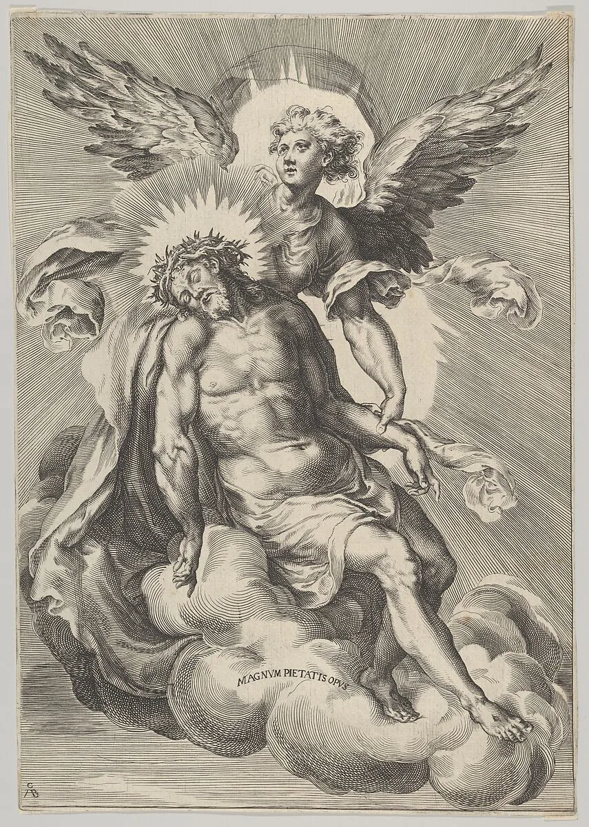 Christ supported by an angel standing on a cloud with light radiating behind them — Cherubino Alberti (Zaccaria Mattia)