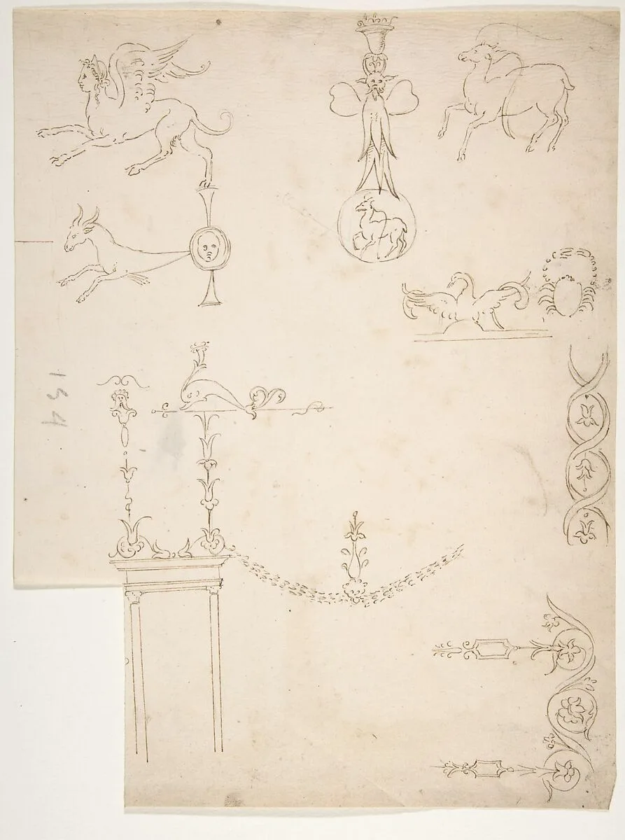 Domus Aurea, cryptoporticus, grotteschi, details (recto) blank (verso) — Anonymous, French, 16th century