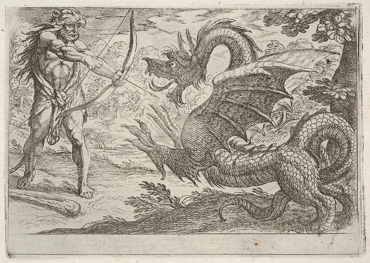 Hercules and the Serpent Ladon: Hercules draws his bow, the rearing serpent appears in profile, from the series 'The Labors of Hercules' — Antonio Tempesta