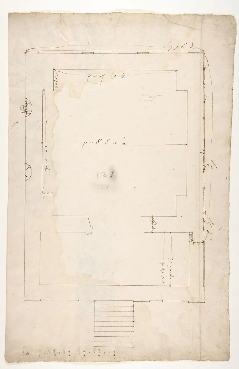 Tomb of Annia Regilla, plan (recto) Arch of the Argentarii, ornamental details, elevation (verso) — Anonymous, French, 16th century