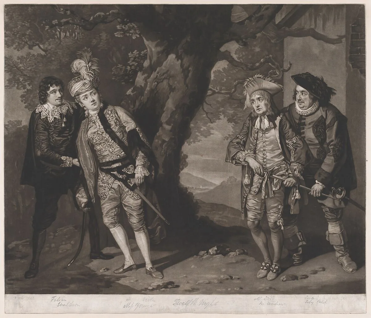 Miss Younge, Mr. Dodd, Mr. Love, and Mr. Waldron, in the Characters of Viola, Sir Andrew Aguecheek, Sir Toby Belch, and Fabian (Shakespeare, Twelfth Night, Act 3, Scene 4) — Francis Godolphin Waldron|Robert Sayer|James Dance|John Raphael Smith|Francis Wheatley|William Shakespeare|James William Dodd|Elizabeth Pope (née Younge)