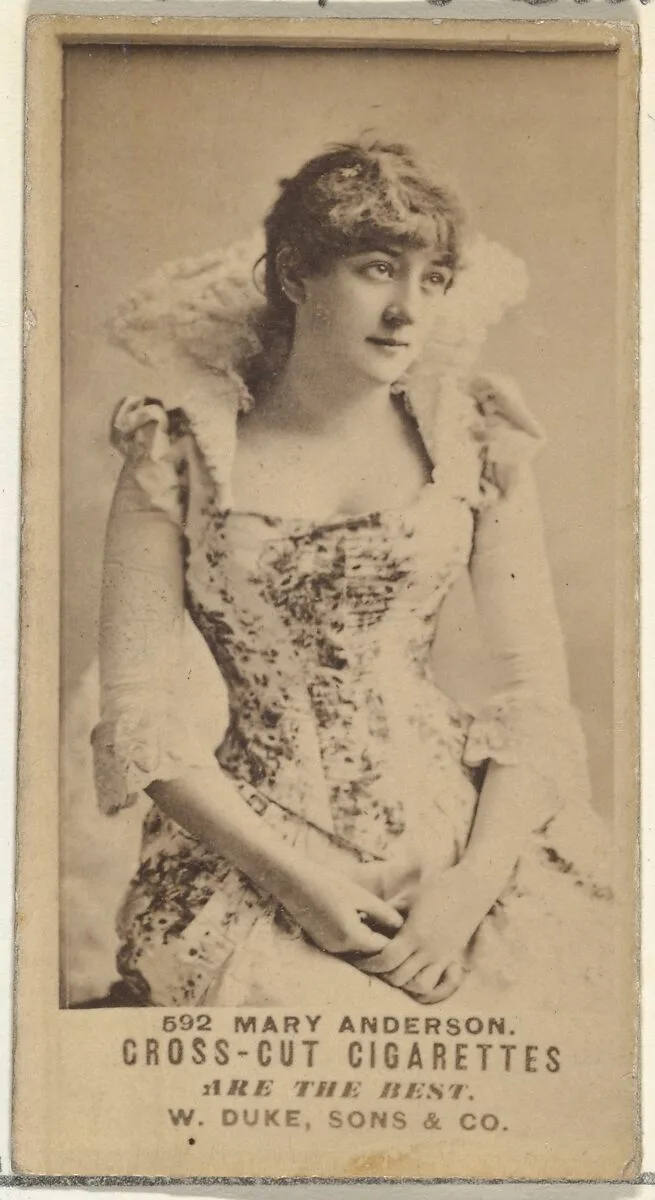 Card Number 592, Mary Anderson, from the Actors and Actresses series (N145-3) issued by Duke Sons & Co. to promote Cross Cut Cigarettes — W. Duke, Sons & Co.