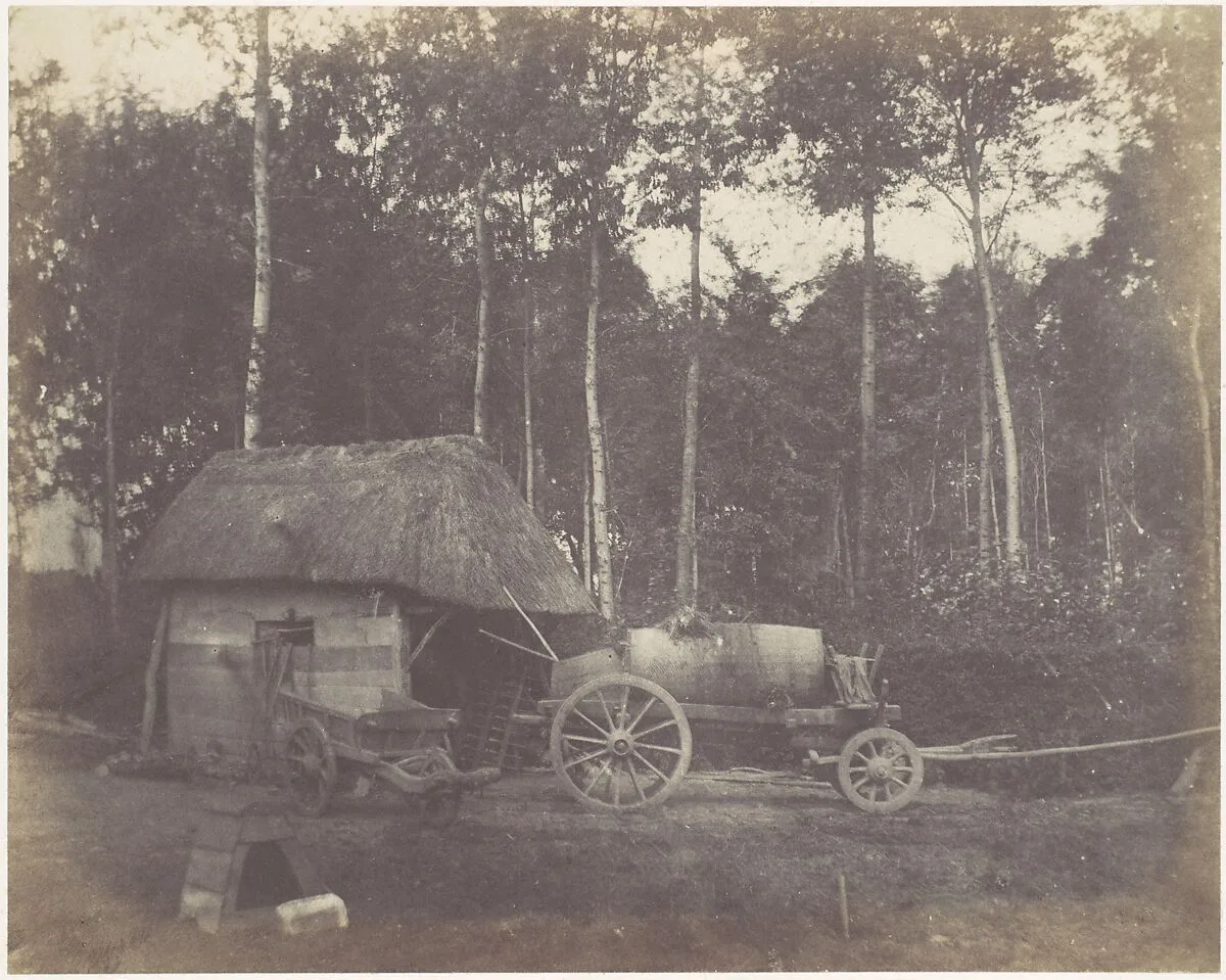 Charette devant l'entrée d'un abri au toit de chaume — Unknown|Imprimerie photographique de Blanquart-Évrard, à Lille
