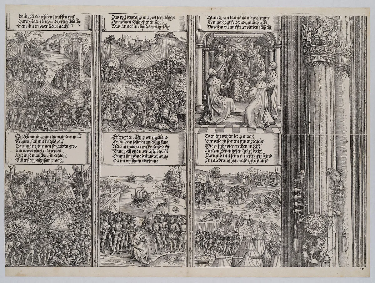 The First Flemish Rebellion; The Campaign Against Liège; The Coronation of Maximilian; The Second Flemish Rebellion; The Alliance Between Philip I of Castile and Henry VII; The Victory Against France, from the Arch of Honor, proof, dated 1515, printed 1517-18 — Wolf Traut|Hieronymus Andreae|Hans Springinklee|Albrecht Dürer