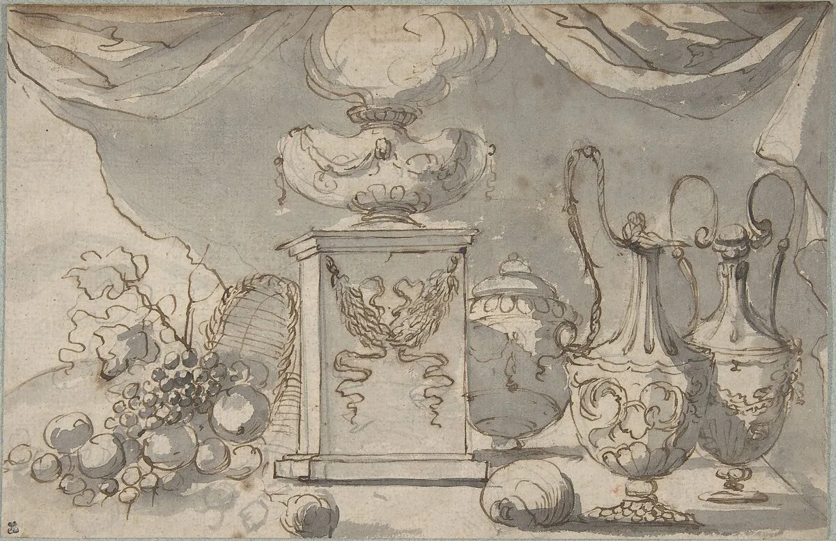 Still Life: Vases, a Cassolette on a Pedestal, and an Overturned Basket of Fruit — Jean Jacques Lagrenée