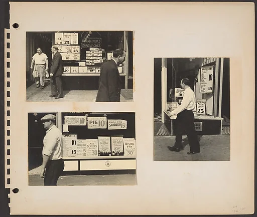 [Pedestrians, New York City: Three Men Walking Past Lunchroom; Man in Shirt Sleeves and Cap Passing Lunchroom Window with Posted Signs; Man Passing Lunchroom Window]