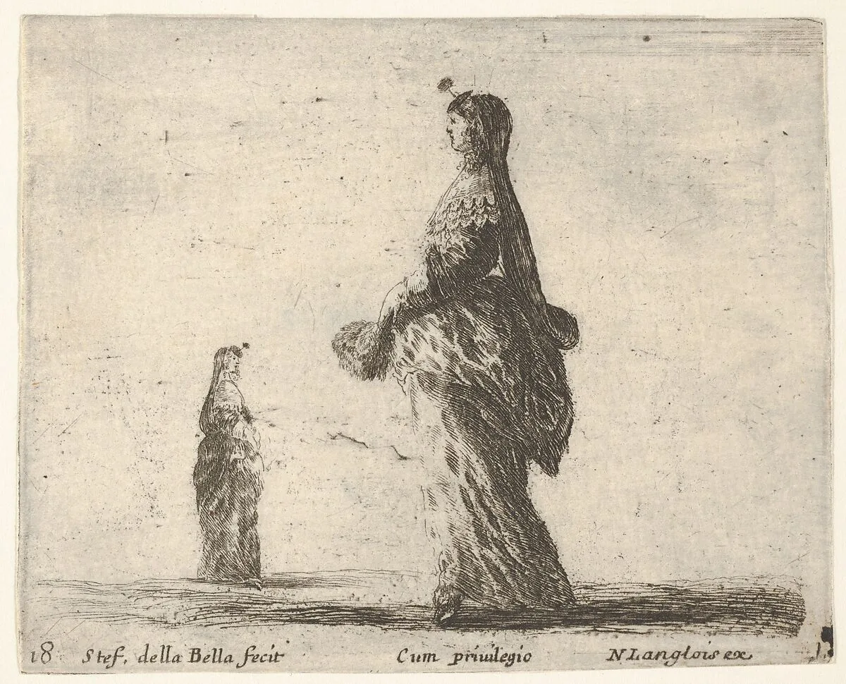 Plate 18: a noblewoman walking towards the left with a feathered fan, another woman in background to left, from 'Diversi capricci' — Stefano della Bella|Nicolas Langlois