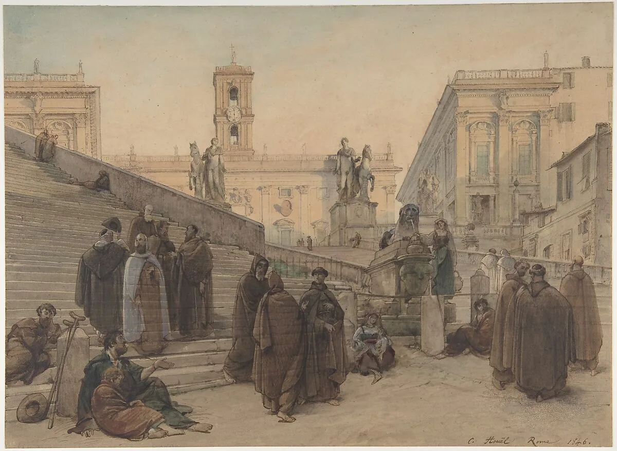 The Campidoglio seen from the Staircase of the Church of the Aracoeli, Rome, at Sunset — Charles-François Houel