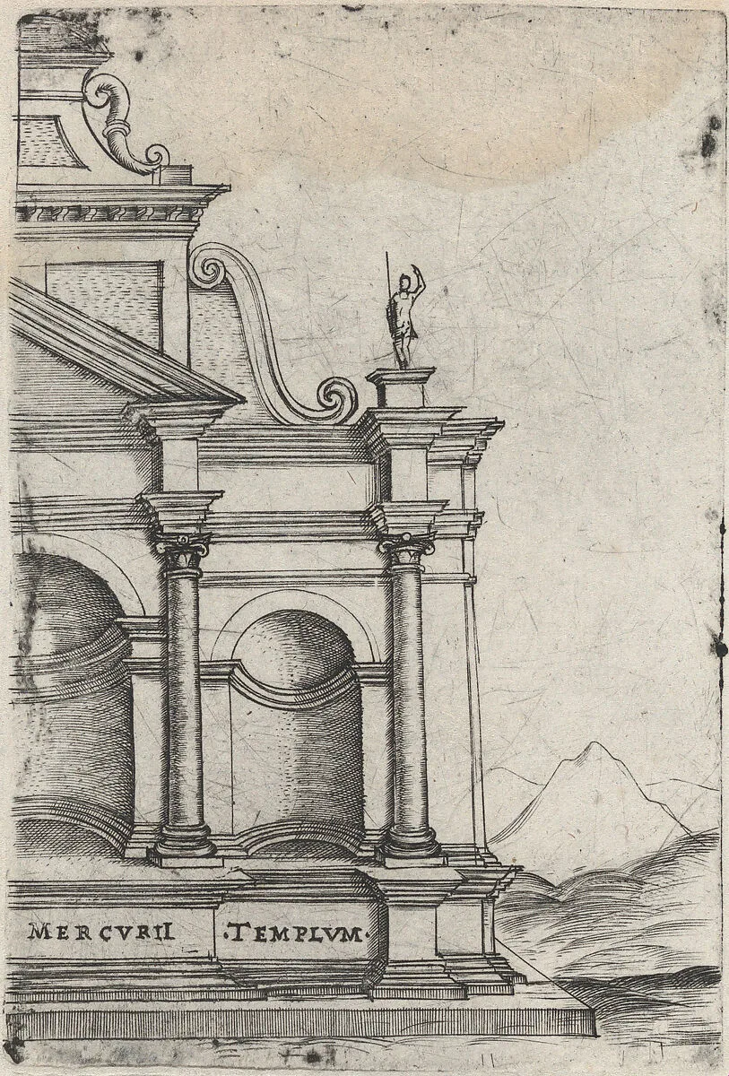Mercurii Templum, from a Series of 24 Depicting (Reconstructed) Buildings from Roman Antiquity — Anonymous, Italian, 16th century|Monogrammist G.A. & the Caltrop