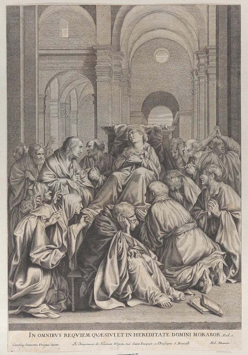Death of the Virgin, lying on a chair at center, surrounded by Apostles, inside a temple — Herman Weyen|Carlo Saraceni|Anonymous