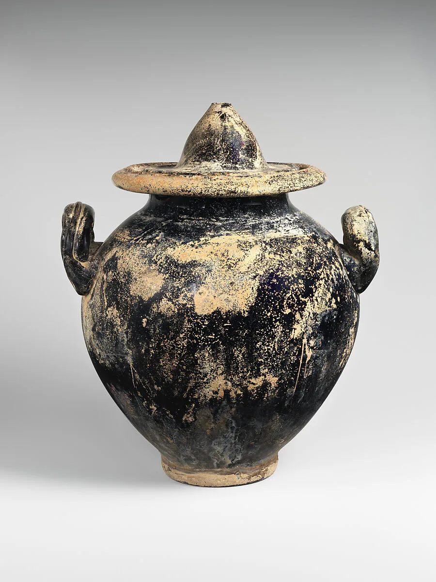 Glass cinerary urn with lid — Unknown