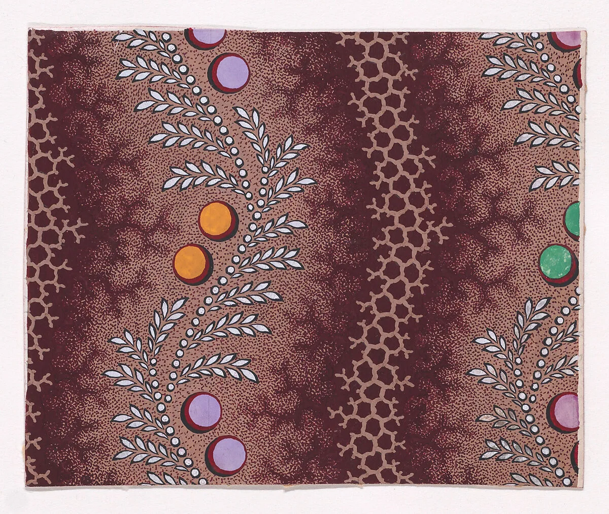 Textile Design with Alternating Vertical Strips of Undulating Honeycomb Pattern with Branch Offsets and Undulating Garlands of Pearls with Alternating Offsetting Wheat Ears and Pairs of Circles — Anonymous, Alsatian, 19th century