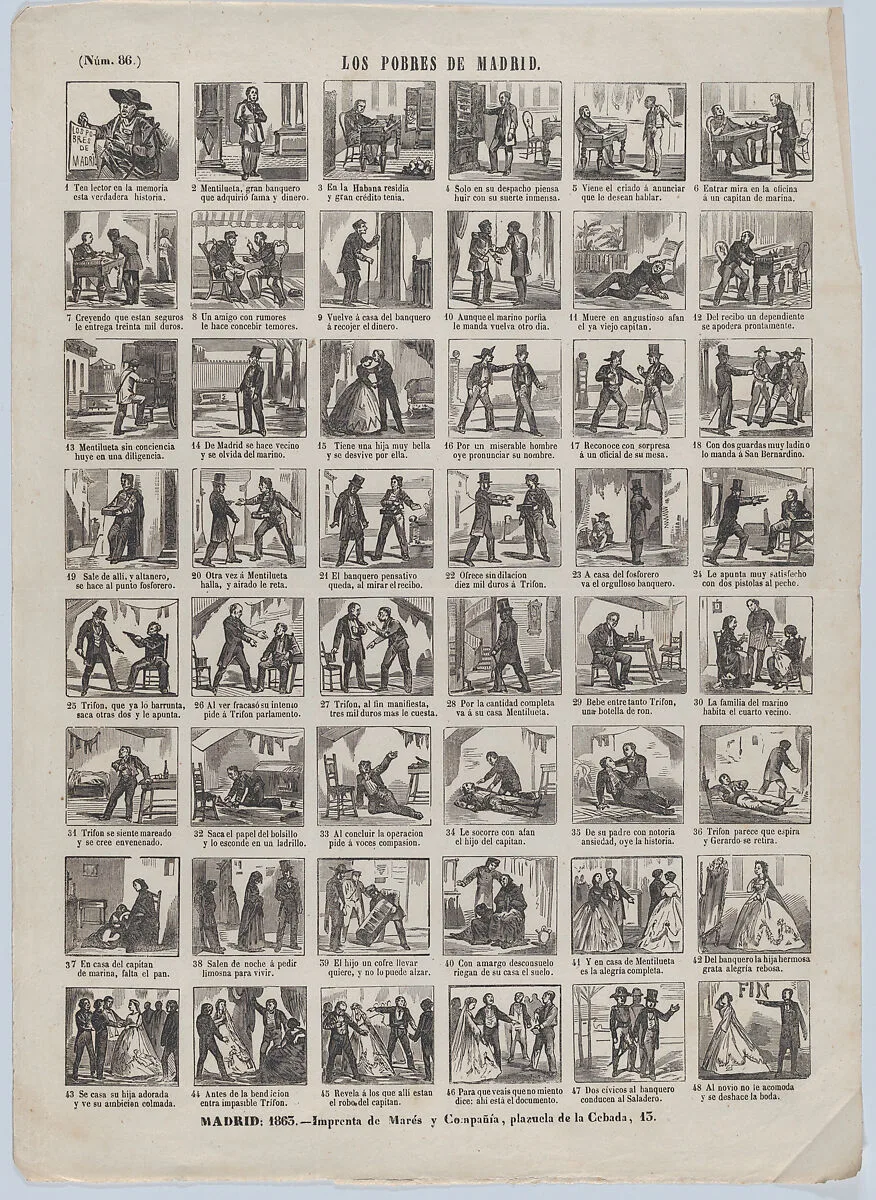 Broadside with 48 scenes relating to the poor people of Madrid — José María Marés