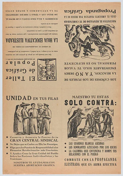 Four flyers printed on one sheet, three relating to subjects of public interest concerning those oppressed, and one announcing the services offered by the TGP (Guerrero) — Taller de Gráfica Popular|José Chávez Morado|Leopoldo Méndez|Xavier Guerrero