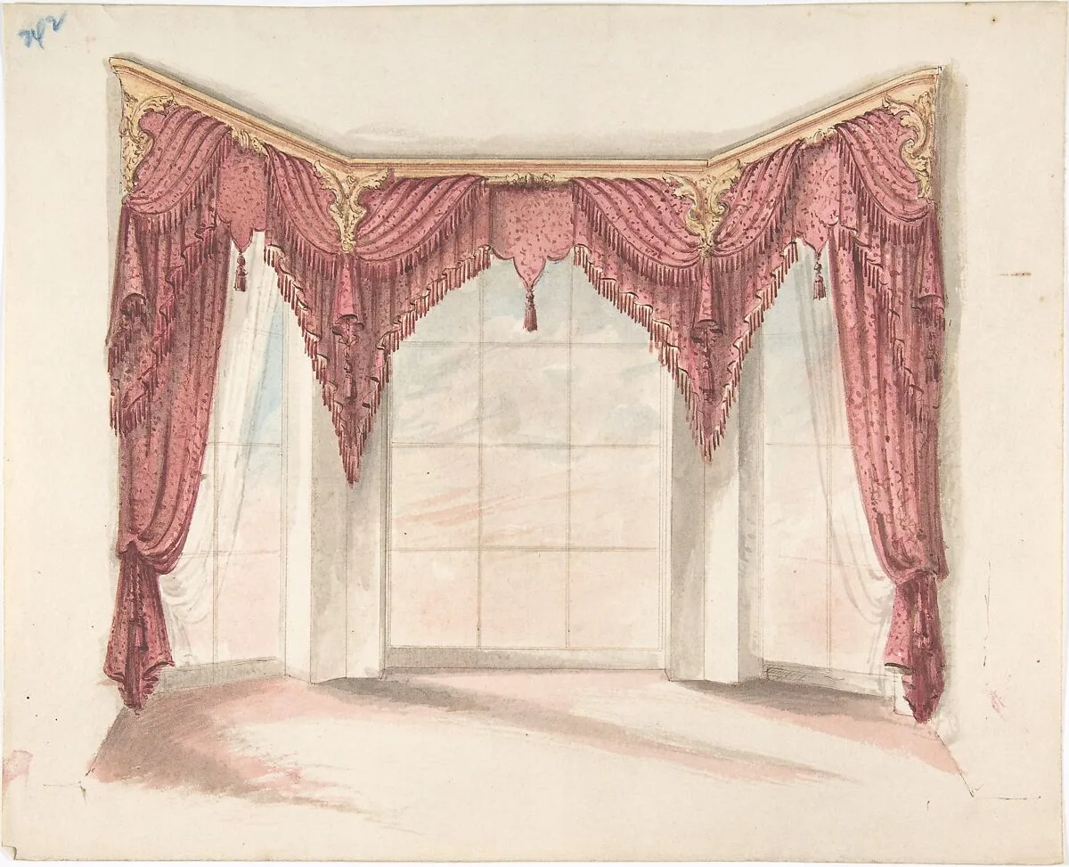 Design for Red Curtains with Red Fringes and a Gold Pediment — Anonymous, British, 19th century