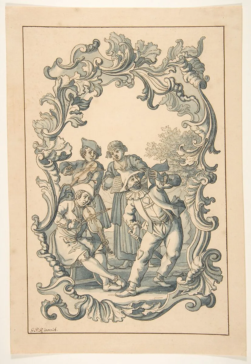 Three Musicians and Harlequin in an Ornamental Frame — Georg Philipp Rugendas II