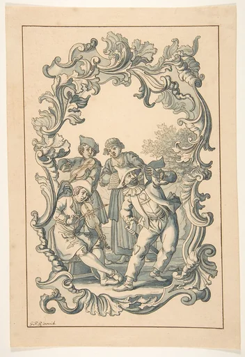 Three Musicians and Harlequin in an Ornamental Frame