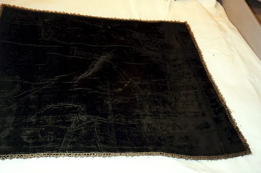 Square of black silk cut velvet with applied metal thread edging