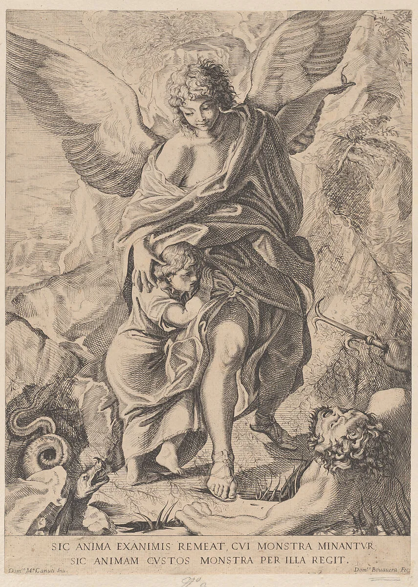 Guardian angel leading a child through danger, with a snake at lower left and a demon at lower right — Domenico Maria Bonavera|Domenico Maria Canuti