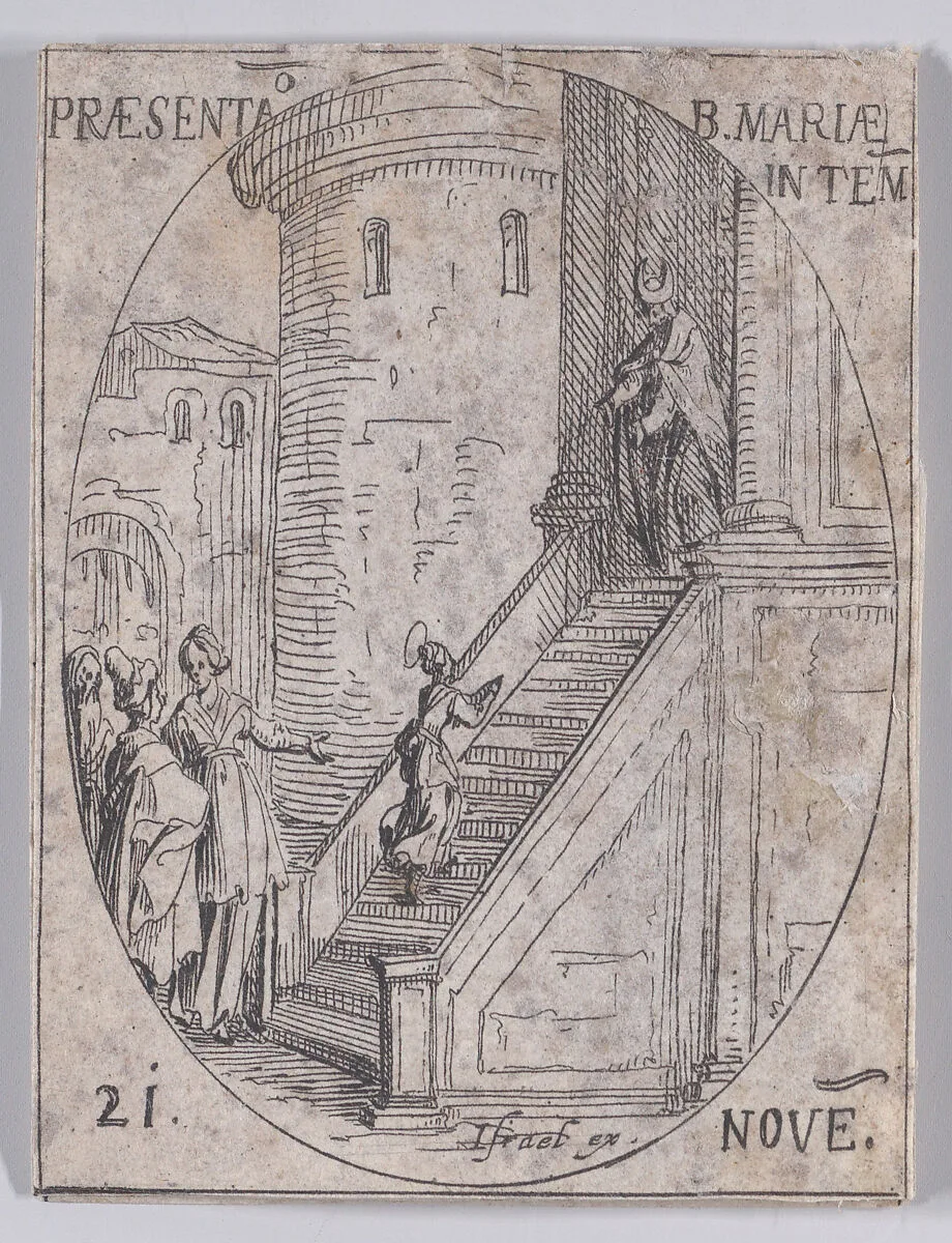 Preséntation de la Vierge Marie dans le Temple (Presentation of the Virgin Mary in the Temple), November 21st, from "Les Images De Tous Les Saincts et Saintes de L'Année" (Images of All of the Saints and Religious Events of the Year) — Israël Henriet|Jacques Callot