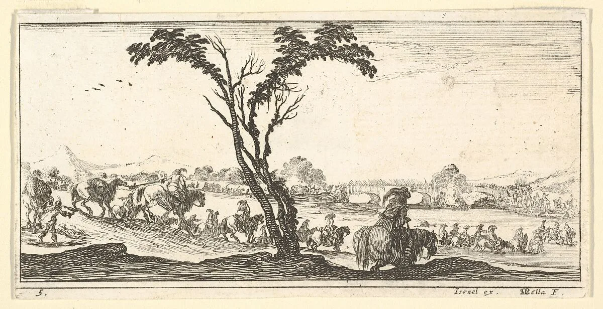 Plate 5: a procession of horsemen crossing a river, a tree at center, from 'Troops, cannons, and attacks on towns' (Dessins de quelques conduites de troupes, canons, et ataques de villes) — Stefano della Bella|Israël Henriet