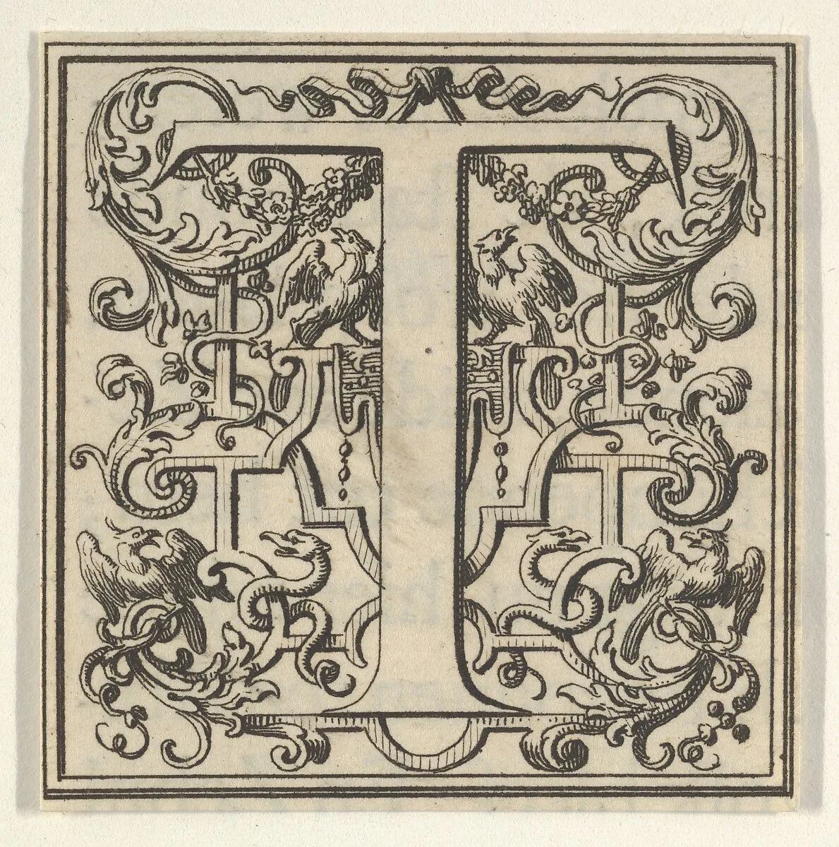Roman Alphabet letter T with Louis XIV decoration — Bernard Picart