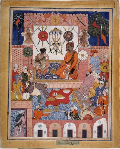 "Misbah the Grocer Brings the Spy Parran to his House", Folio from a Hamzanama (The Adventures of Hamza)