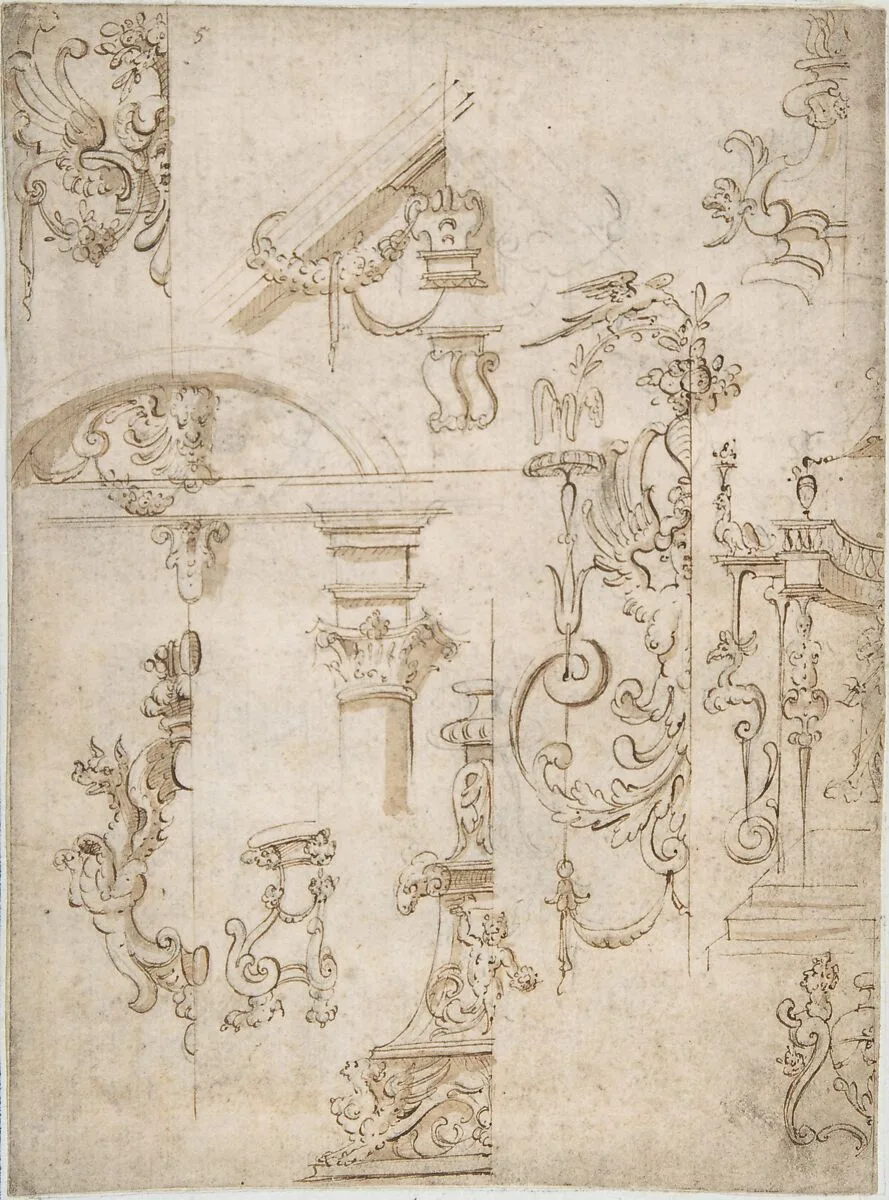 Ornamental sketches with a Griffin and Architectural Elements — Anonymous, French, 16th century