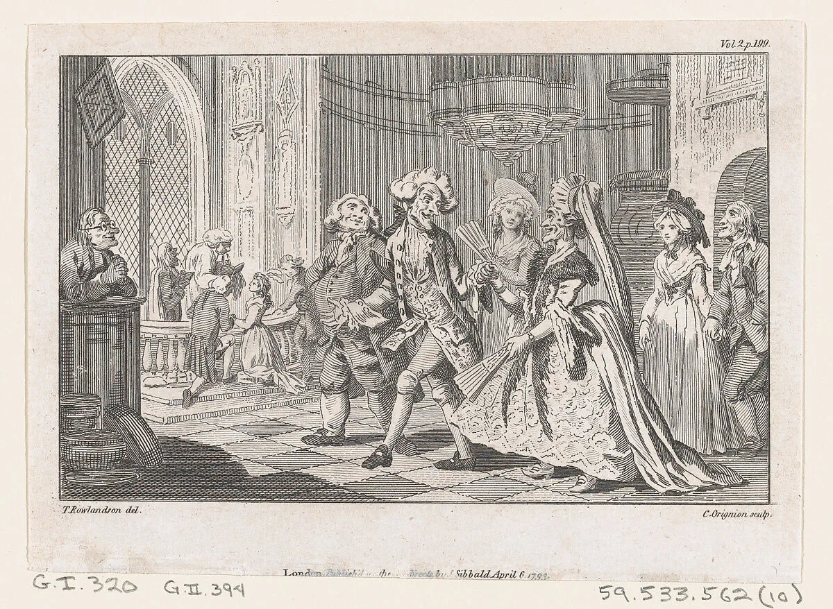 The Wedding of Lismahago and Tabitha, an illustration from Tobias Smollett's "The Expedition of Humphry Clinker" (London, 1793), Vol. 1. 1793 — James Sibbald|Thomas Rowlandson|Charles Grignion, I