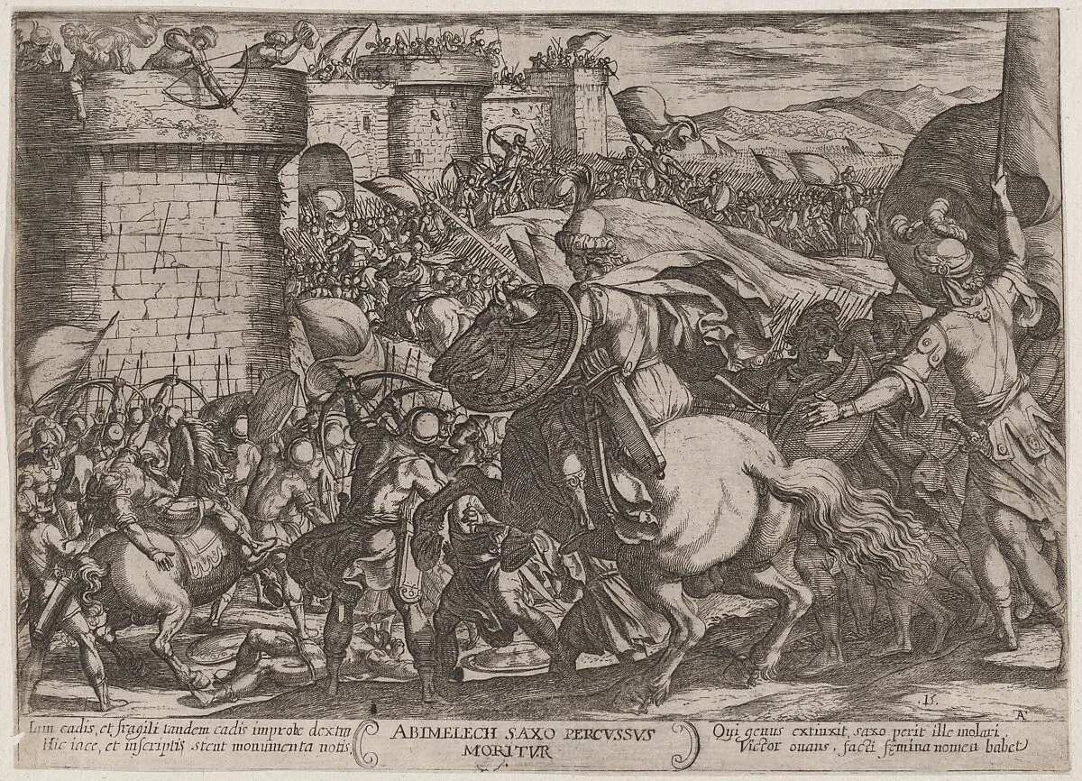 Plate 15: The Death of Abimelech, from 'The Battles of the Old Testament' — Antonio Tempesta|Nicolaus van Aelst