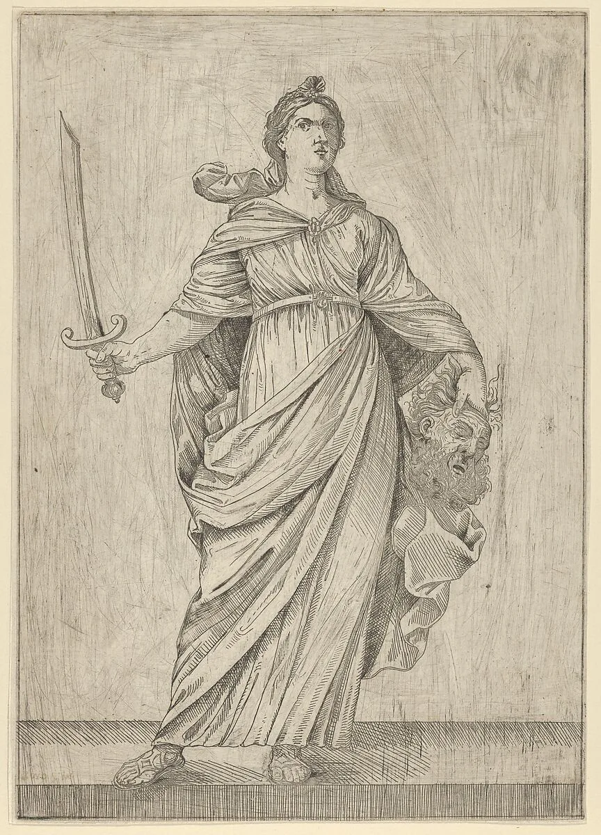 Judith standing on a ledge holding the head of Holofernes in her left hand and a sword in her right — Guido Reni|Anonymous