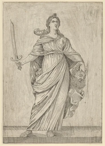 Judith standing on a ledge holding the head of Holofernes in her left hand and a sword in her right
