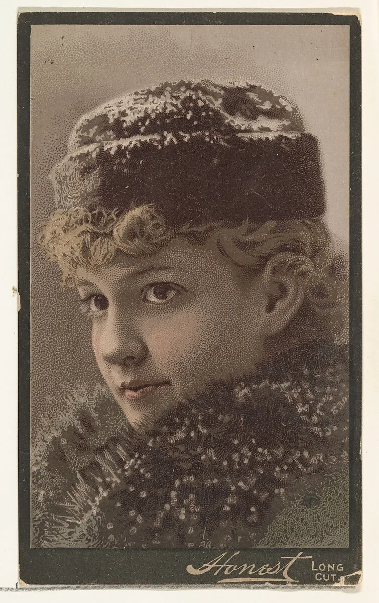 Actress wearing fur collar and hat, from Stars of the Stage, Third Series (N131) issued by Duke Sons & Co. to promote Honest Long Cut Tobacco — Joseph P. Knapp|W. Duke, Sons & Co.|American Tobacco Company
