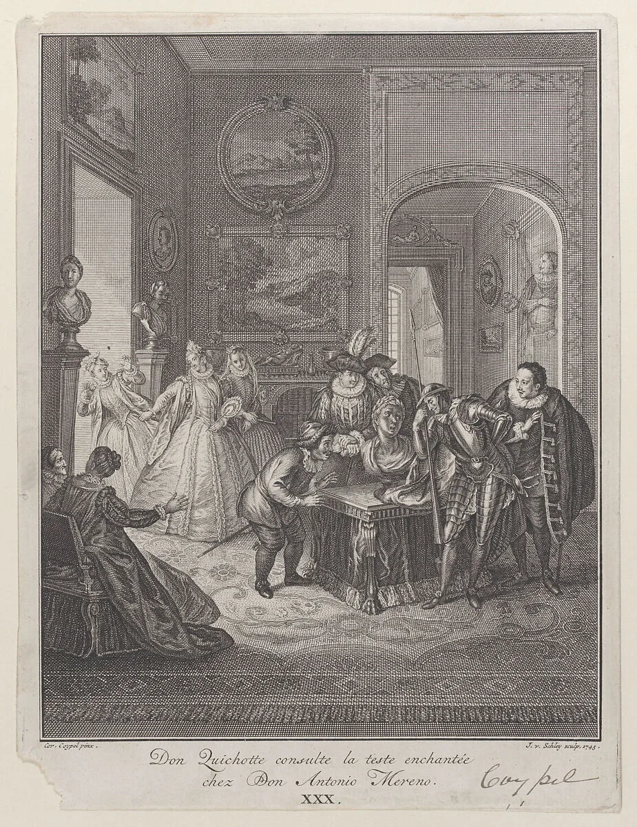 Plate 30: Don Quixote consults the enchanted head at Don Antonio Moreno's house (Don Quichotte consulte la teste enchantée chez Don Antonio Mereno) — Charles Antoine Coypel|Jakob van Schley