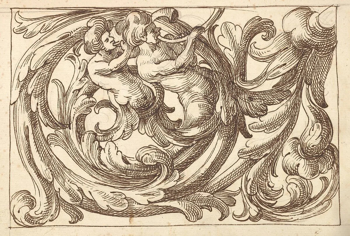 Horizontal Panel Design with Two Male Figures Playing Horns Interspersed between Acanthus Rinceaux — Polifilo Giancarli|Anonymous, Italian, Venetian, 17th century