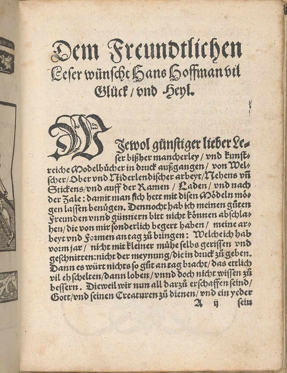 New Modelbüch allen Nägerin u. Sydenstickern (dedicatory page, 2r) — Hans Hoffman|Jacob Frölich