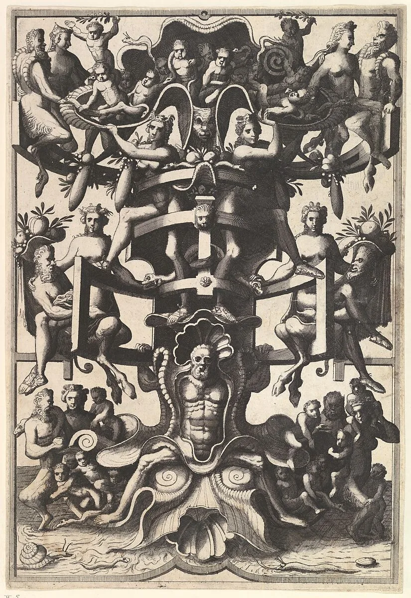 Man Sitting on an Auricular Mask, Supporting a Strapwork Frame on His Shoulders from Veelderleij niewe inventien van antijckesche sepultueren diemen nou zeere ghebruijkende is met noch zeer fraeije grotissen en compertimenten zeer beqwame voer beeltsniders antijcksniders schilders en all constenaers...Libro Secundo — Johannes van Doetecum I|Lucas van Doetecum|Cornelis Floris II|Hieronymus Cock
