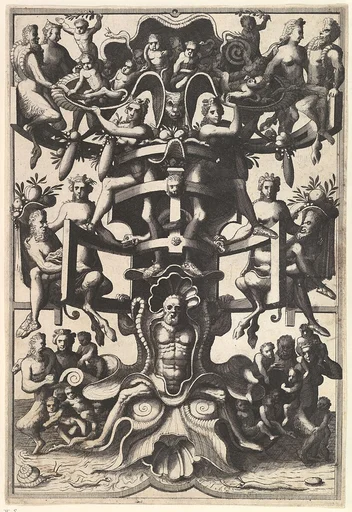 Man Sitting on an Auricular Mask, Supporting a Strapwork Frame on His Shoulders from Veelderleij niewe inventien van antijckesche sepultueren diemen nou zeere ghebruijkende is met noch zeer fraeije grotissen en compertimenten zeer beqwame voer beeltsniders antijcksniders schilders en all constenaers...Libro Secundo