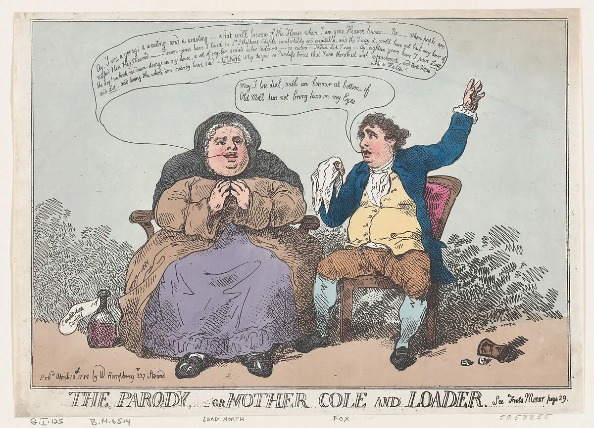 The Parody, or Mother Cole and Loader — Hannah Humphrey|Thomas Rowlandson|Charles James Fox|Frederick North, 2nd Earl of Guilford