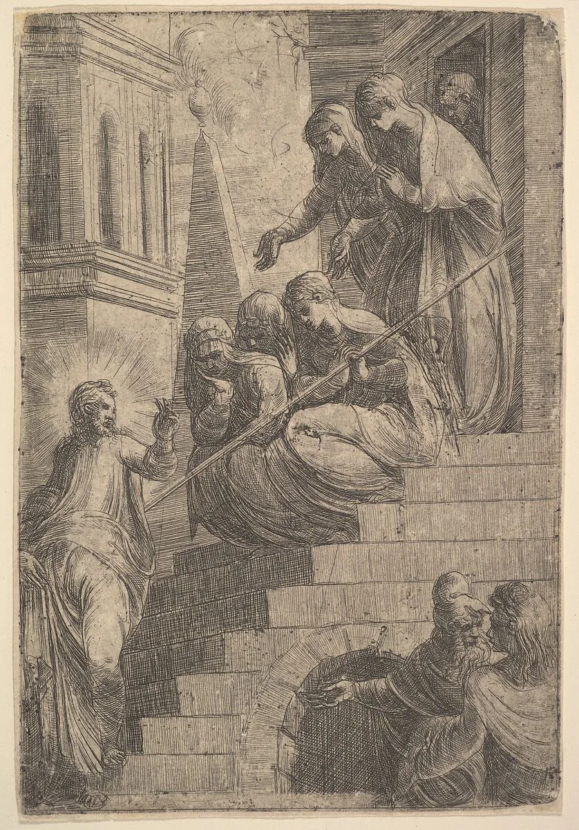 Christ addressing a group of women seated and standing on steps — Andrea Schiavone (Andrea Meldola)