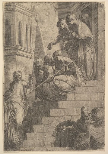 Christ addressing a group of women seated and standing on steps