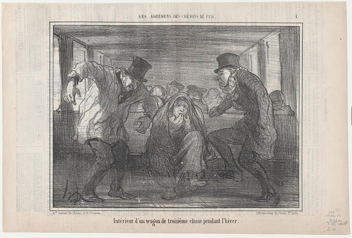 Intérieur d'un wagon de troisième classe..., from Les Agréments des Chemins de Fer, published in Le Charivari, December 13, 1856 — Aaron Martinet|Honoré Daumier|Destouches