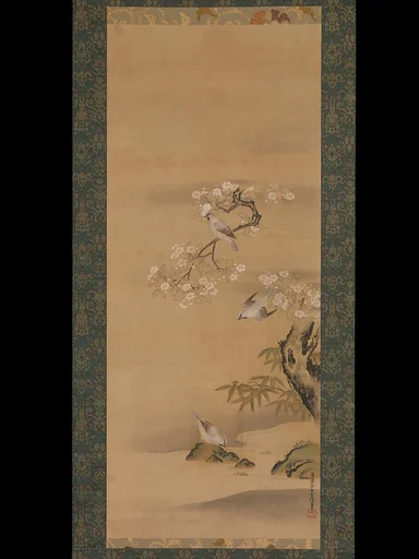 清原雪信筆 緋連雀桜竹図|Waxwings, Cherry Blossoms, and Bamboo