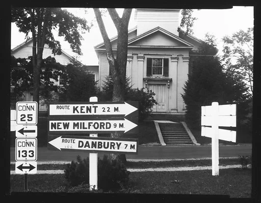 [Greek Revival Church with Roadside Highway and Route Signs in Foreground, Brookfield, Connecticut]