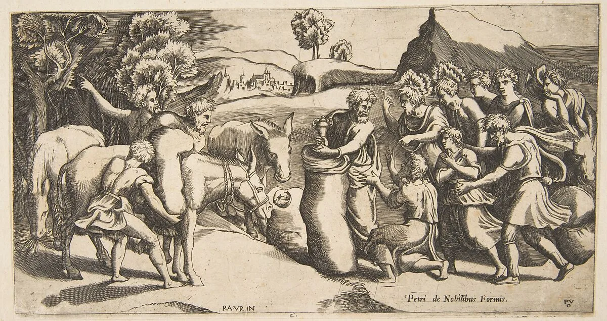Joseph's cup being discovered in Benjamin's sack of grain — Raphael (Raffaello Sanzio or Santi)|Giulio Bonasone|Pietro de' Nobili|Monogrammist PVO