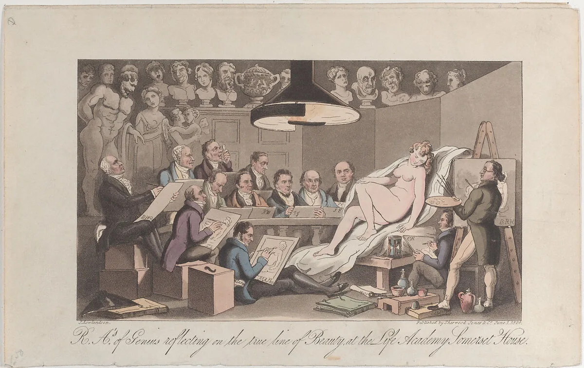 R.A.'s of Genius Reflecting on the True Line of Beauty, at the Life Academy Somerset House — Benjamin Robert Haydon|Sir Richard Westmacott|Sherwood, Neely and Jones|Sir Francis Chantrey|Joseph Farington|Charles Molloy Westmacott|Sir Thomas Lawrence|Thomas Rowlandson|Sir Martin Archer Shee|Benjamin West|John Jackson