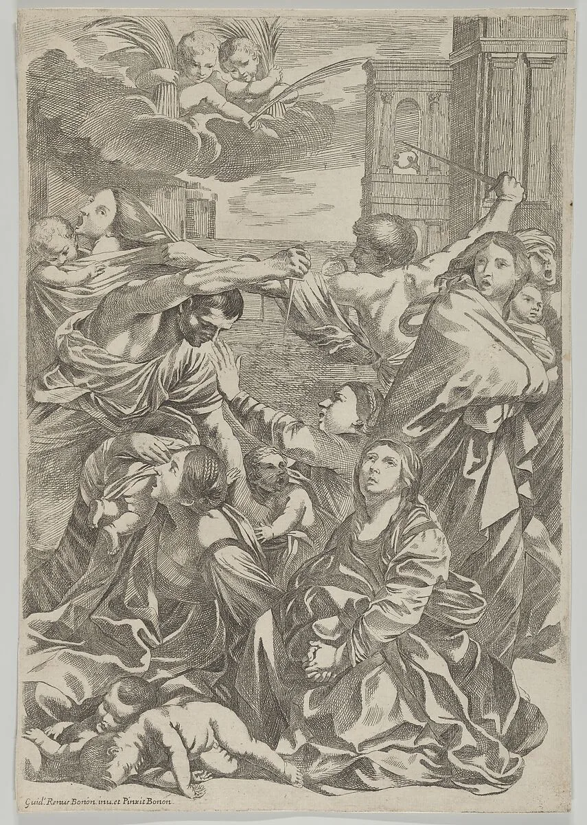 Massacre of the Innocents; group of women and children being attacked, two angels at upper left, after Reni — Anonymous|Guido Reni