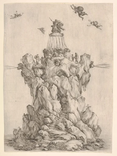 The rock of Aeolus, surrounded by water, with steps leading up the rock, the heads of three of the four winds on each corner blowing outwards, Aeolus crowned at the summit, four winds in the sky around him, from 'The contest of the seasons' (La gara delle stagioni)